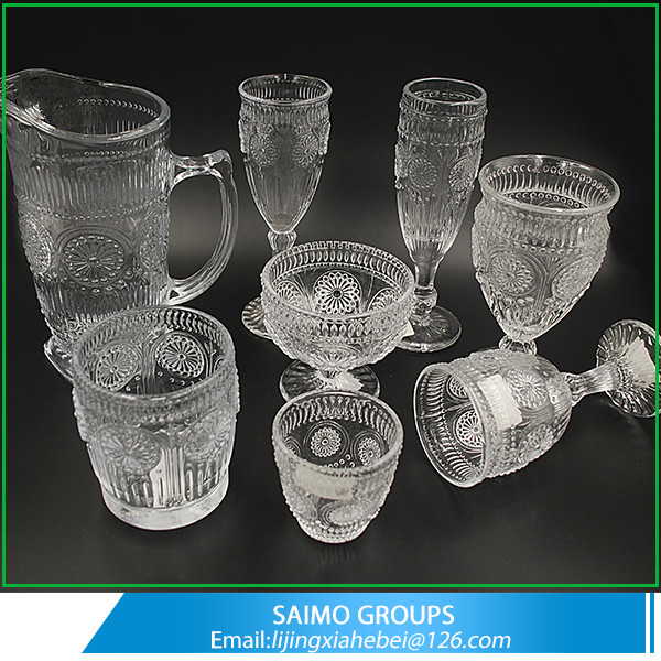 Sunflower Series Antique Set of Goblet Wine Glass engraved Hand Press Drinking Glass Set