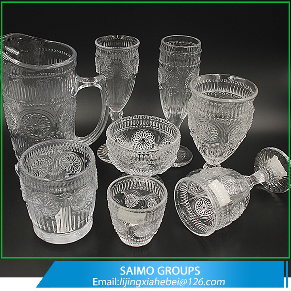 Sunflower Series Antique Set of Goblet Wine Glass engraved Hand Press Drinking Glass Set