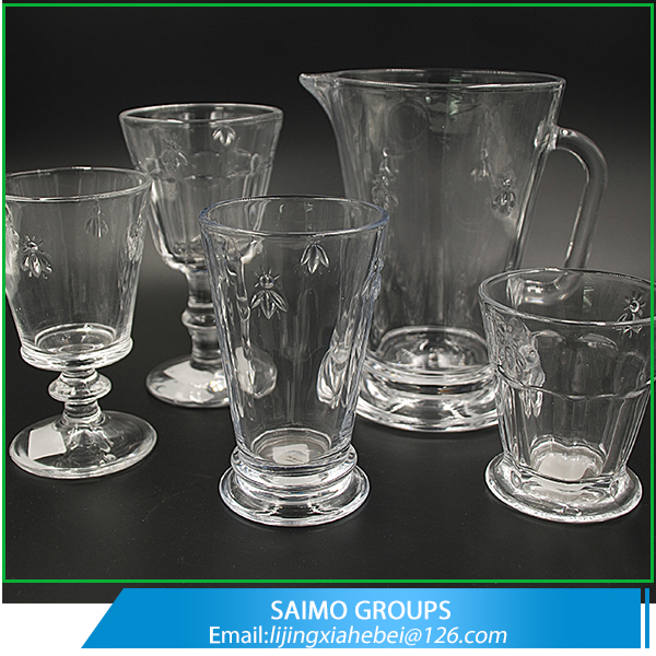 Honeybee Bee Emboss Hand Press Crystal Clear Drinking Glass Pitcher Cup Set