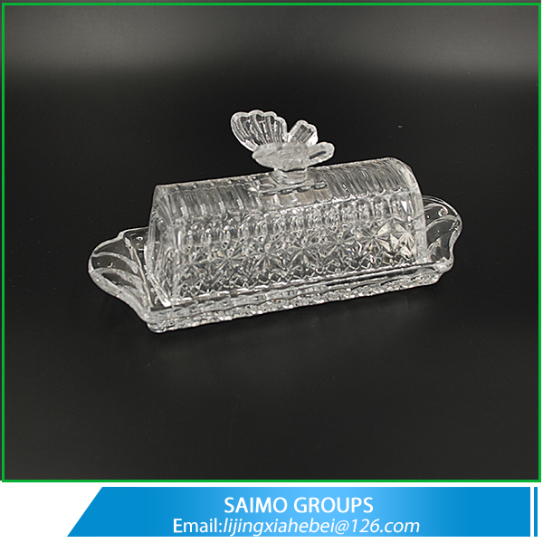 SM-0449-0 Butterfly Pressed Rectangular Glass Butter Dish