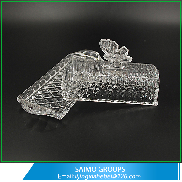 SM-0449-0 Butterfly Pressed Rectangular Glass Butter Dish